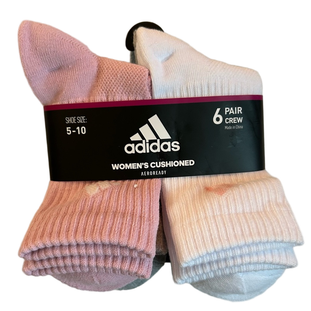 Adidas Woman’s 6 Pairs of Cushion Crew Socks White Grey Pink Shoe Size 5 - 10